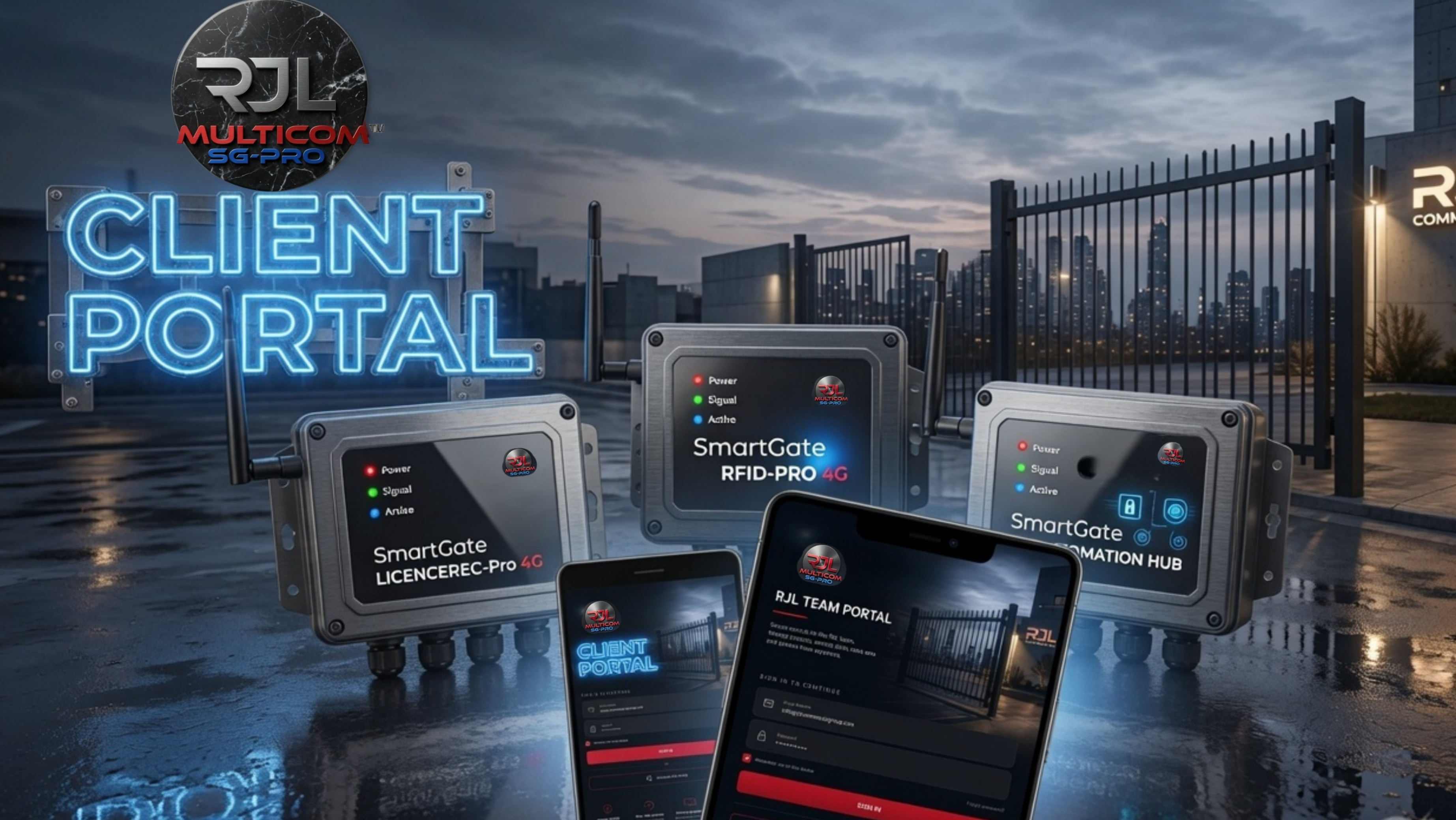 RJL Commercial Fencing and Gates — RJL Multicom SG-Pro SmartGate range: licence plate recognition, RFID and 4G access control gate openers with client portal
